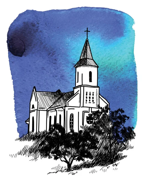 Igreja Católica. Vector desenho à mão livre em estilo vintage. Igreja velha, árvores, floresta  . —  Vetores de Stock