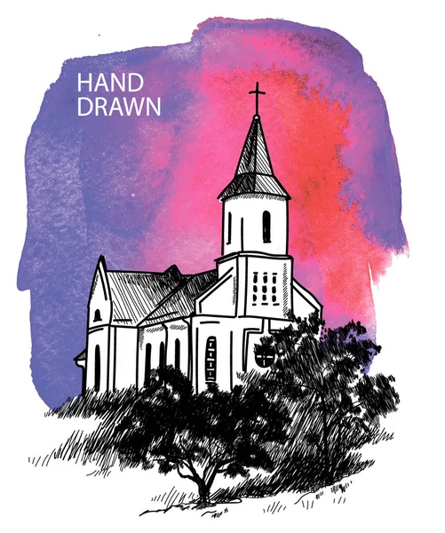 Katolik Kilisesi. Vektör çizim vintage stili serbest. Eski kilise, ağaçlar, orman .
