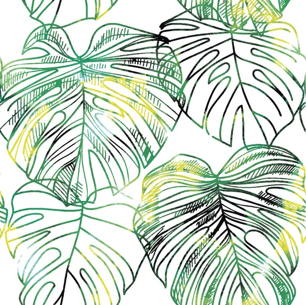 Tropik bitkilerin yaprakları ile Seamless modeli. Vektör serbest el çiziminin. Palmiye yaprağı ile arka plan