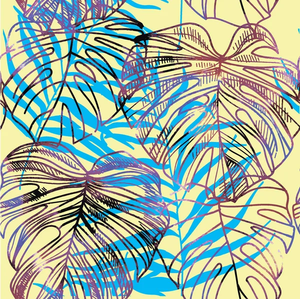 Tropik bitkilerin yaprakları ile Seamless modeli. Vektör serbest el çiziminin. Palmiye yaprağı ile arka plan
