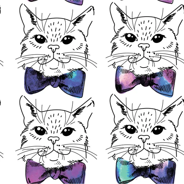 Kedi ile Seamless modeli. Papyon ile cats. Şirin çocuklar arka plan. El ile çizim .