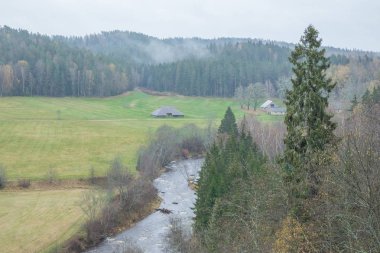 Nehir Amta, sonbahar, kırmızı kayalar, ahşap, Letonya. 2017