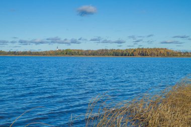 Sonbahar, Letonya gölde. Doğa ve su.