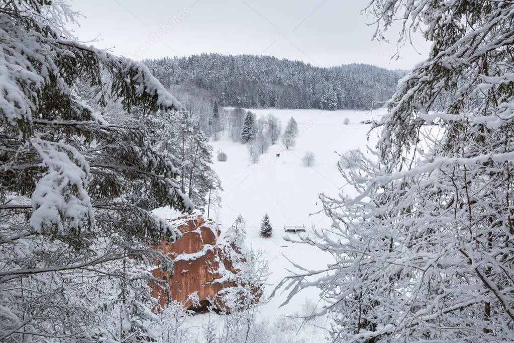 Red rock and river Amata, Latvia.