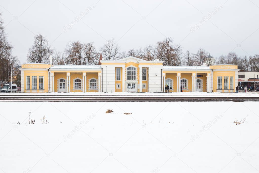 City Cesis, Latvia Railway station, building, peoples and snow. 