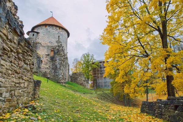 Ciudad Cesis, República de Letonia. Antiguo castillo y rocas, otoño. Histo. — Foto de Stock