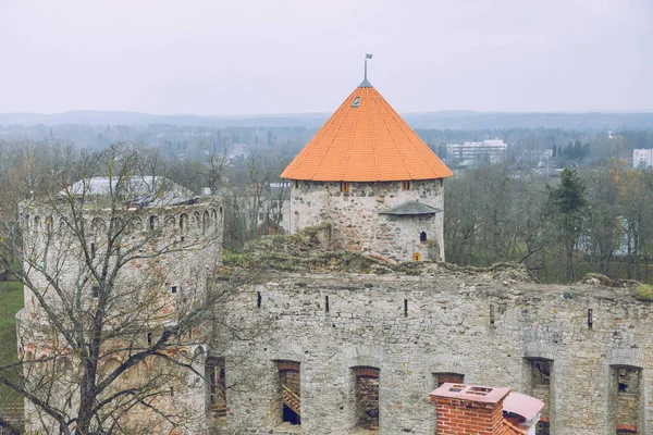 Miasto Cesis, Łotwa. XIII-wieczny zamek z parkiem w la — Zdjęcie stockowe