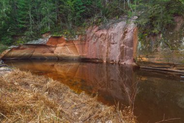 Cesis şehri, Letonya. Kırmızı kayalar ve Amata nehri. Doğa ve yeşil