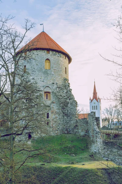 Ciudad Cesis, República de Letonia. Castillo del siglo XIII con parque en wi — Foto de Stock