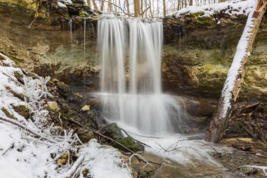 Sigulda şehri, Letonya. Kışın şelale. Beyaz kar ve ağaçlar. Seyahat fotoğrafı. 29.02.2020
