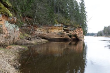 Cesis şehri, Letonya. İlkbaharda kumtaşı kayalıkları ve mağaraları olan nehir. 02.04.2020