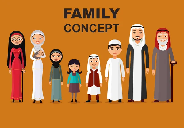Familia vectorial árabe, musulmanes, hombres y mujeres sauditas de dibujos animados. Dibujos animados árabes padre, madre, hijo, hija, abuela y abuelo de pie juntos — Vector de stock