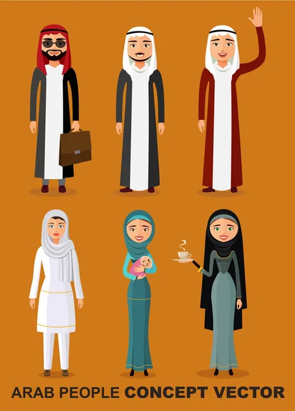 サウジアラビア、アラブ人の文字は、白い背景で隔離のフラット スタイルに設定します。異なるアラビア語男と女では伝統衣装の文字を笑顔します。ベクトル. — ストックベクタ