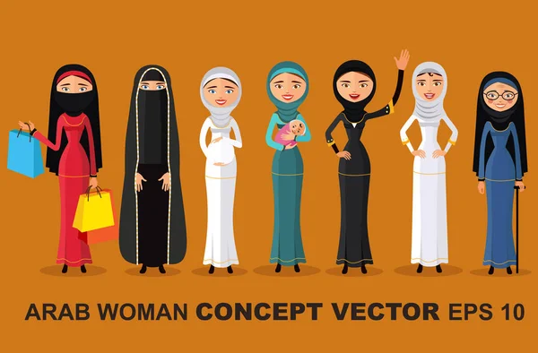 Vector - Set of different standing arab women in the traditional muslim arabic clothing isolated on white background in flat style. — Stock Vector