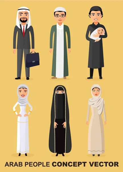 Vector - Concepto familiar. Conjunto de dibujos animados diferentes personas árabes en estilo plano. Personas musulmanas.Saudi árabe personajes de la gente se colocan en estilo plano — Vector de stock