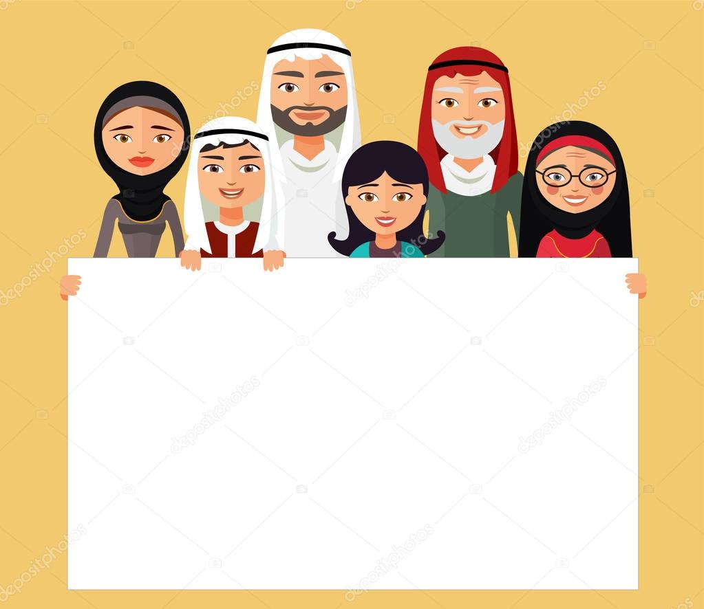 arab family, muslim people, saudi cartoon man and woman. Muslim family with sign.Vector.