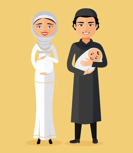 生まれたばかりの赤ちゃんのハッピー フラット漫画とアラブの若い親はベクトル イラストです。.白い背景に分離. — ストックベクタ