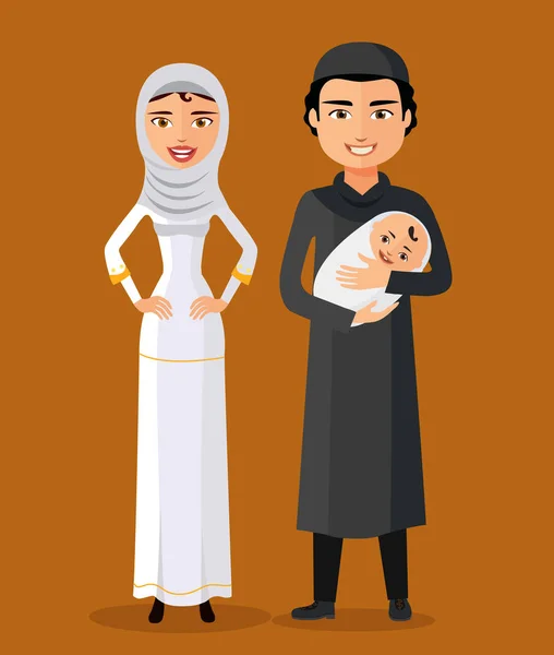 Vecteur - jeunes parents arabes avec un nouveau-né heureux dessin animé plat illustration vectorielle. Isolé sur fond blanc . — Image vectorielle