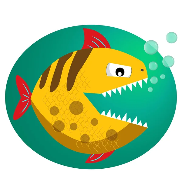 Sárga toothy piranha buborékok. Piranha fang. Aranyos veszélyes piranha. Vektor — Stock Vector