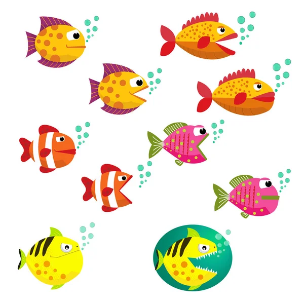 Big Set de peces tropicales, ilustración vectorial. Peces con boca abierta y cerrada con burbujas. Ilustración vectorial de peces planos. Eps10. Aislado sobre un fondo blanco . — Vector de stock