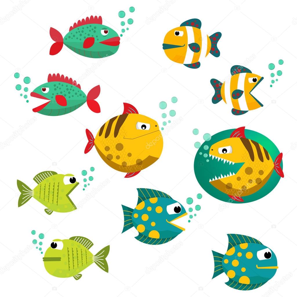 Cute fish vector illustration icons set. Fish icons isolated. Tropical fish, sea fish, aquarium fish set isolated on white background. Sea color flat design fish vector illustration. Eps10. Isolated on a white background.