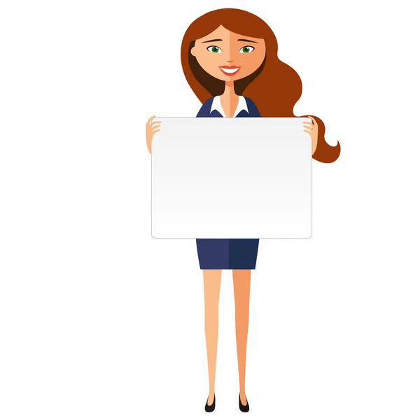 Χαμογελαστή γυναίκα των επιχειρήσεων με πανό. Φιλικό νεαρή γυναίκα στέκεται με Διοικητικό Συμβούλιο επίπεδη καρτούν εικονογράφηση φορέα. — Διανυσματικό Αρχείο