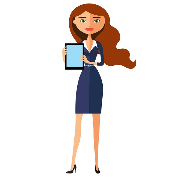 Glückliche Frauenfigur mit Tablette. angenehm lächelnde Business-Mädchen flache Cartoon-Vektor-Illustration. — Stockvektor