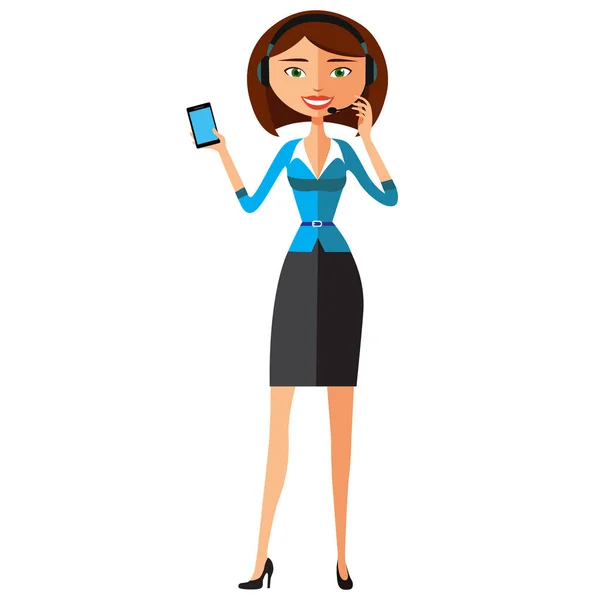 事務所、受付、オペレーター フラット漫画ベクトル図でヘッドセットを着ている女性。Eps10。白い背景に分離. — ストックベクタ