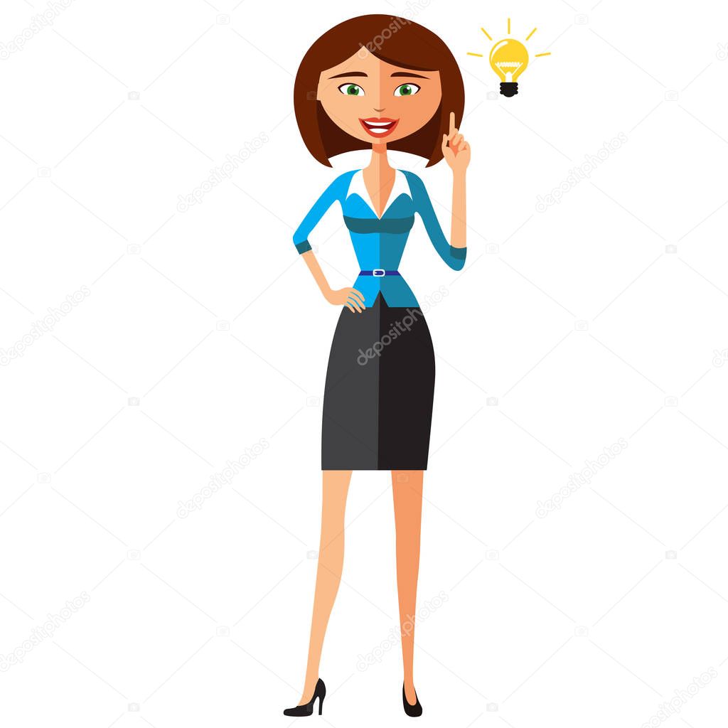 Business woman character vector. Cheerful smiling business woman character with light bulb. Problem solving, idea and creativity concept. Woman business character isolated on white background