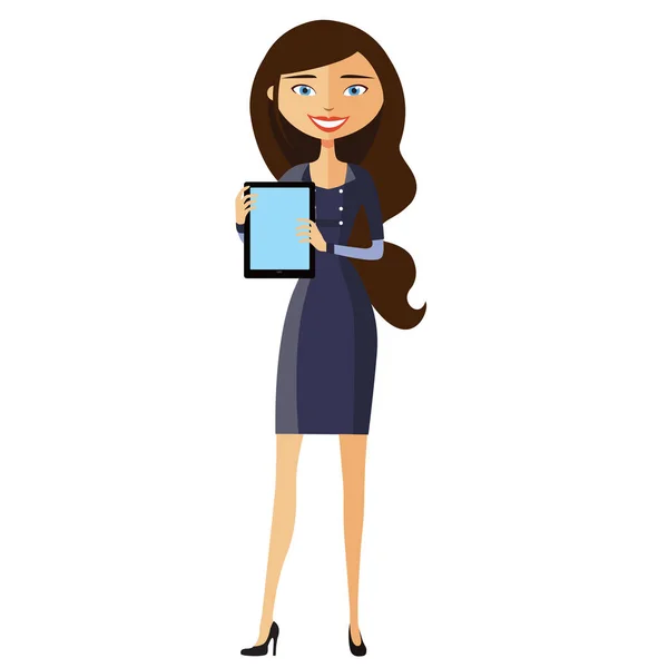Geschäftsfrau-Charakter mit Tablet. junger Banker mit Tablet. Vektor. — Stockvektor