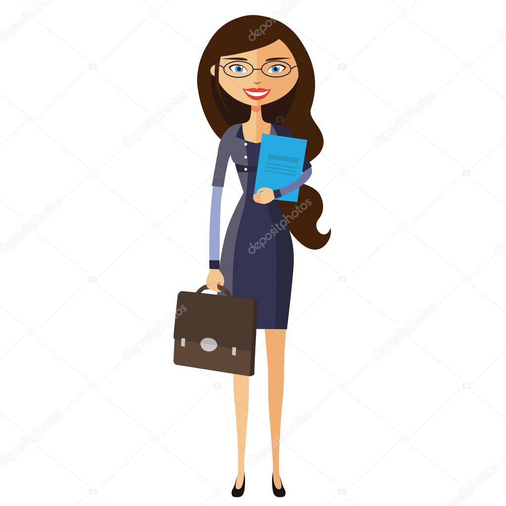Flat business spectacled woman. Bespectacled young girl standing.  Vector.