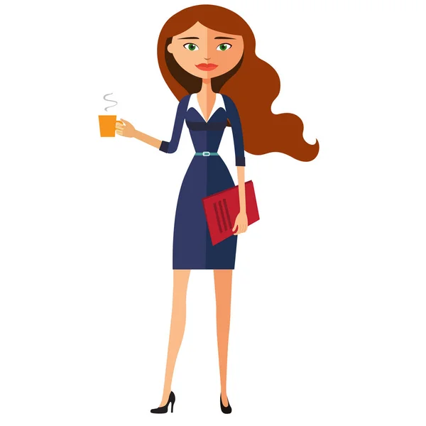 Ilustração de uma bela mulher de negócios segurando um copo. Ilustração de desenho animado plano vetorial — Vetor de Stock