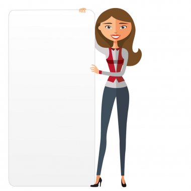  Yönetim Kurulu ile mutlu sevimli Bayan. Kendine güvenen genç iş kadını tahta kesme tutarak. Büyük bir yatay başlık sayfası tutan sevimli kadın. Vektör.