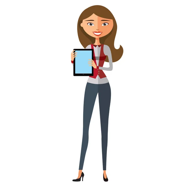Personaje rubio de mujer de negocios usando tableta. Joven banquero con tableta. Vector . — Vector de stock
