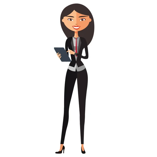 Personnage femme d'affaires utilisant tablette. Jeune banquier avec tablette. Vecteur . — Image vectorielle