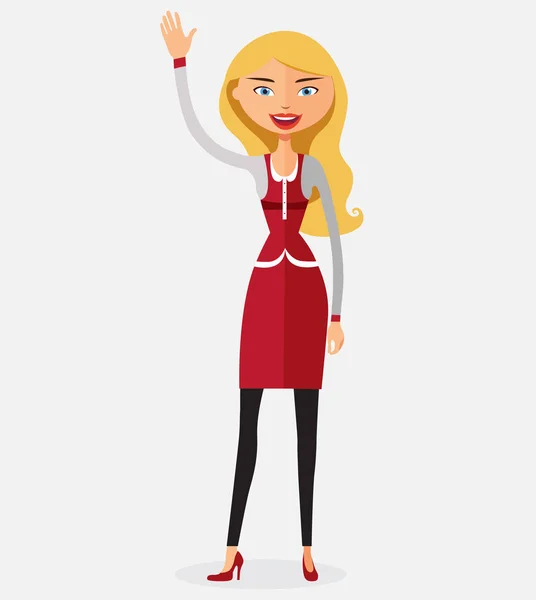 Vector - Mujer rubia de negocios agitando su mano plana de dibujos animados — Vector de stock