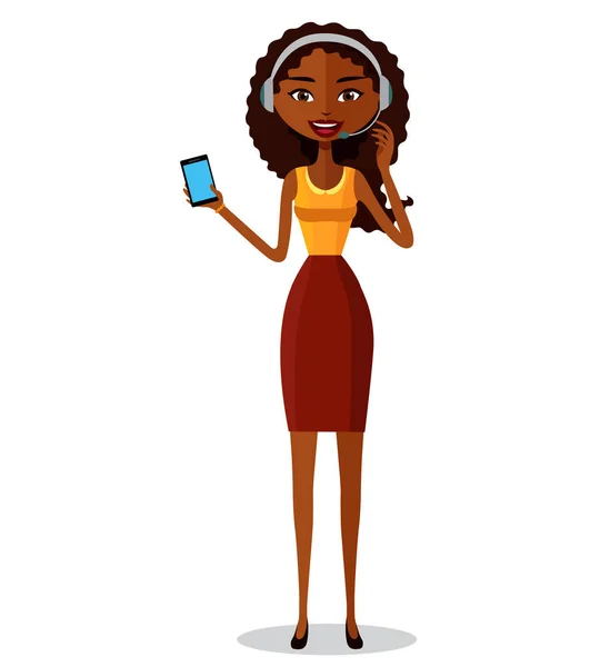 Telefonanbieter unterstützen. Frau mit Smartphone. Kundenbetreuung. — Stockvektor