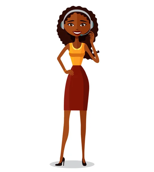 Call center online klant steun african american vrouw exploitant geïsoleerd op een witte achtergrond. Vrouw dragen hoofdtelefoon. — Stockvector
