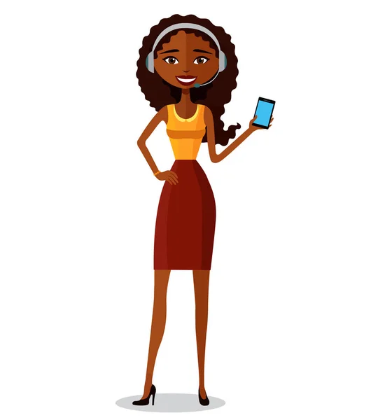 Operadora de call center feminina usando fone de ouvido e mantém o telefone. Mulher afro-americana. Estilo moderno plano isolado no fundo branco . —  Vetores de Stock