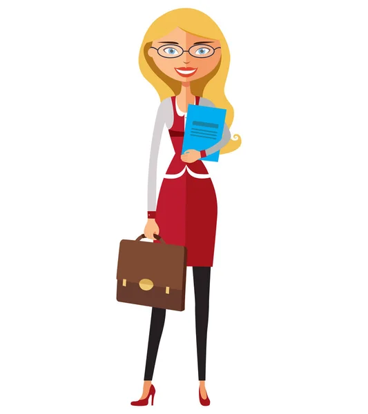 バンカーの金髪女性。オフィス ワーカーは眼鏡の作業に移ります。女性秘書。ベクトル フラット漫画イラスト. — ストックベクタ
