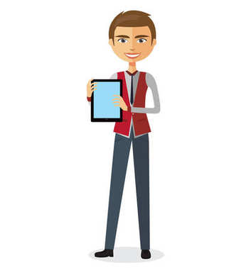 Tablet vektör düz çizgi film çizim ile mutlu işadamı.