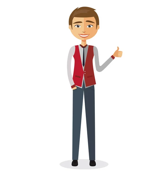Blij dat jonge zakenman duim omhoog vector platte cartoon afbeelding tonen. — Stockvector