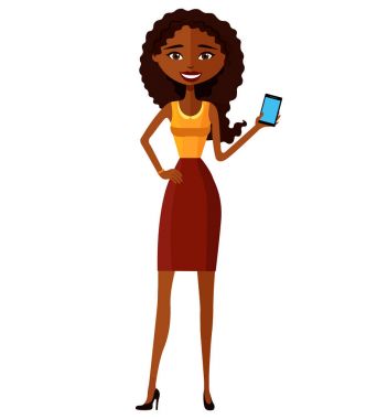 Afrikalı-Amerikalı kadın cep telefonu düz çizgi film vektör çizim ile