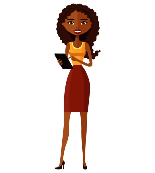 Afryki uśmiechający się biznes młoda dziewczyna stojąc z tabletka wektor ilustracja płaskie kreskówka. — Wektor stockowy
