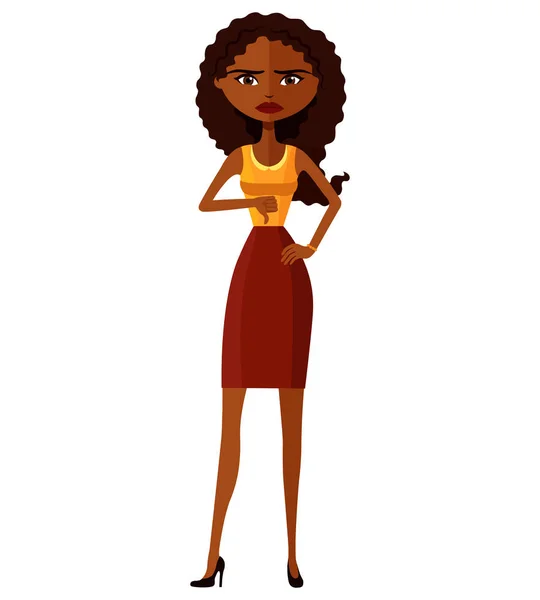 Desapontada afro-americana mulher de negócios franzindo a testa personagem vetor plana desenho animado ilustração . — Vetor de Stock