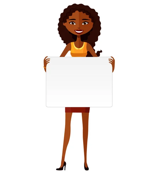 African kobieta trzymając transparent na białym tle na białym tle płaskie kreskówka wektor ilustracja — Wektor stockowy