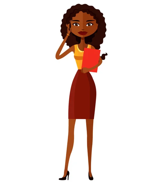 Милий молодих афро-американських жінка з мобільного телефону плоских мультфільм Векторні ілюстрації — стоковий вектор