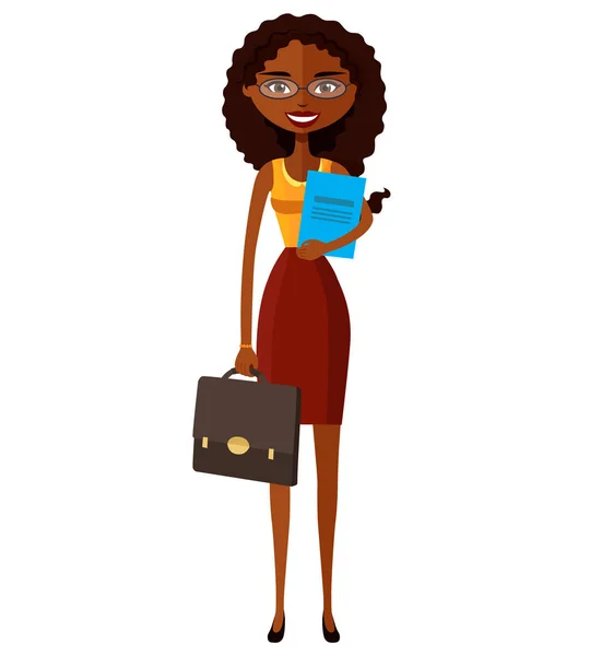 Africano banqueiro ou trabalhador senhora com óculos e maleta plana desenho animado vetor ilustração — Vetor de Stock