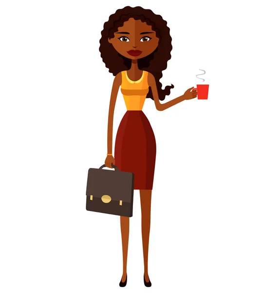 Okouzlující afroamerické ženy těší kávy plochý kreslené vektorové ilustrace — Stockový vektor