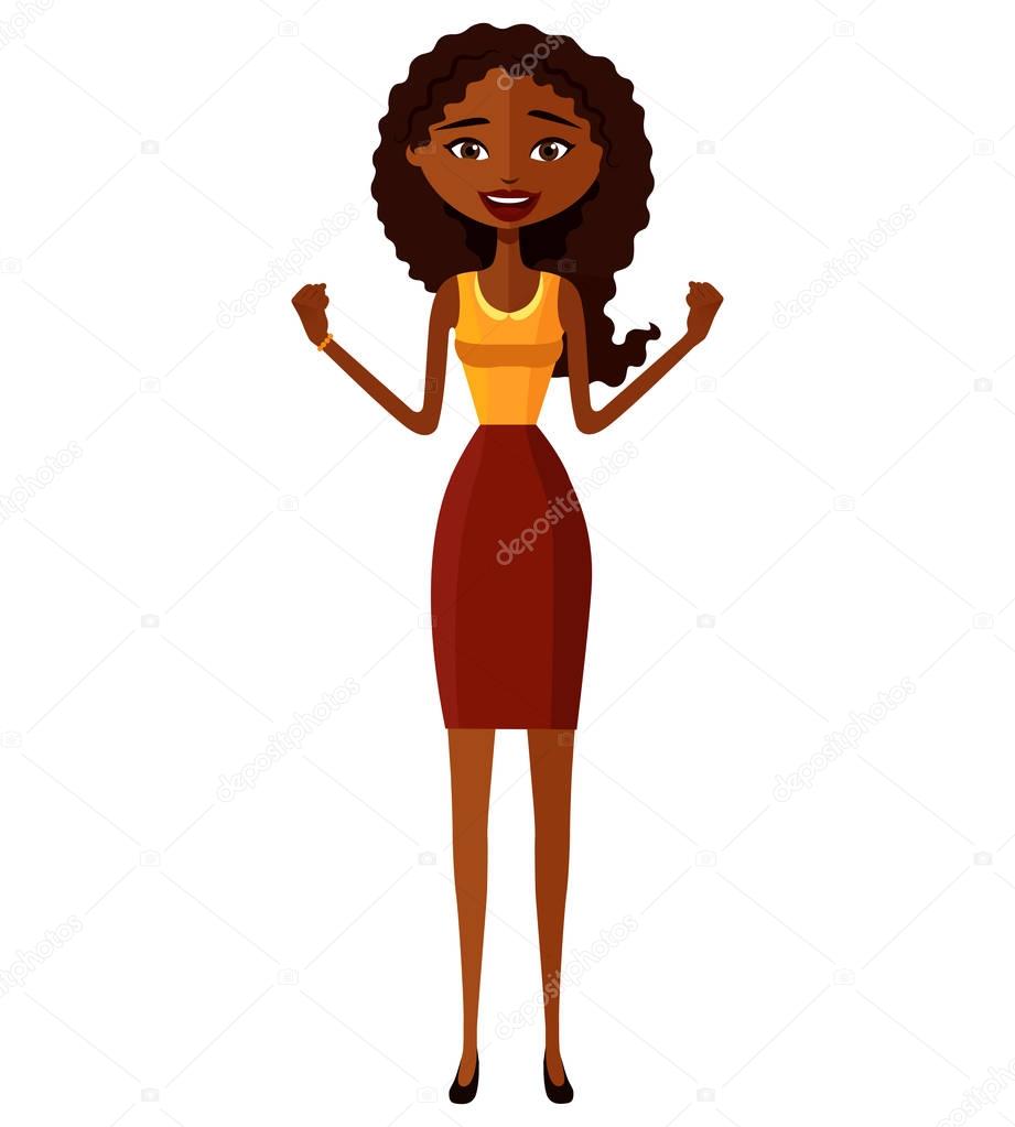 Admiration african american woman throwing up her hands vector flat cartoon illustration.